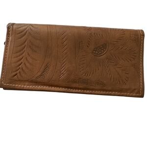 Leaders Vintage Brown Tooled Leather Floral Embossed Checkbook Wallet